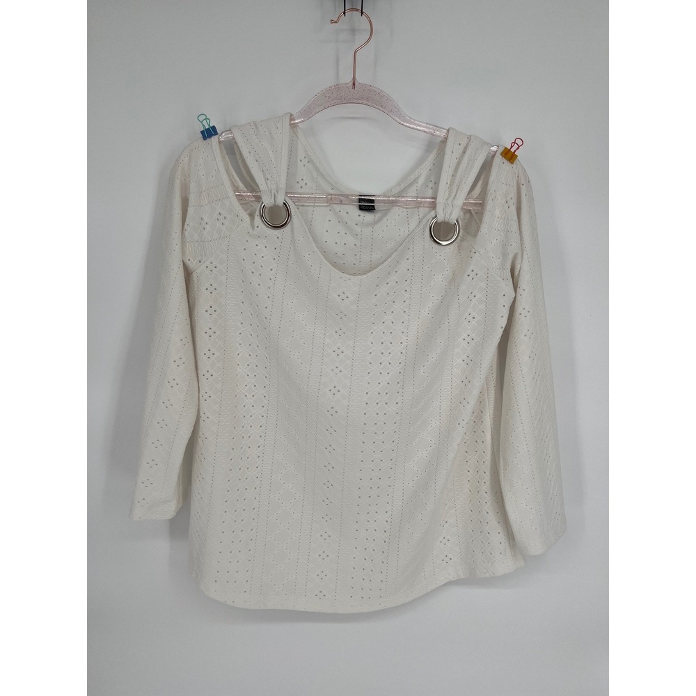 Ranlege Eyelet Cold Shoulder Top V-Neck 3/4 Sleeve‎ Blouse White Size L
